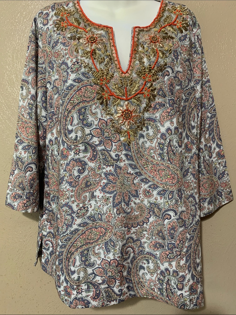 Soft Surroundings XL Paisley Embroidered V‑Neck Tunic Mesh Coral White NWT